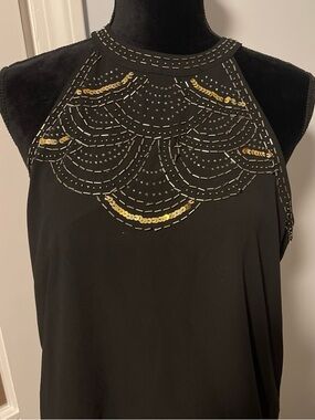 Women’s paper crane, elegant, black halter top with gold sequence